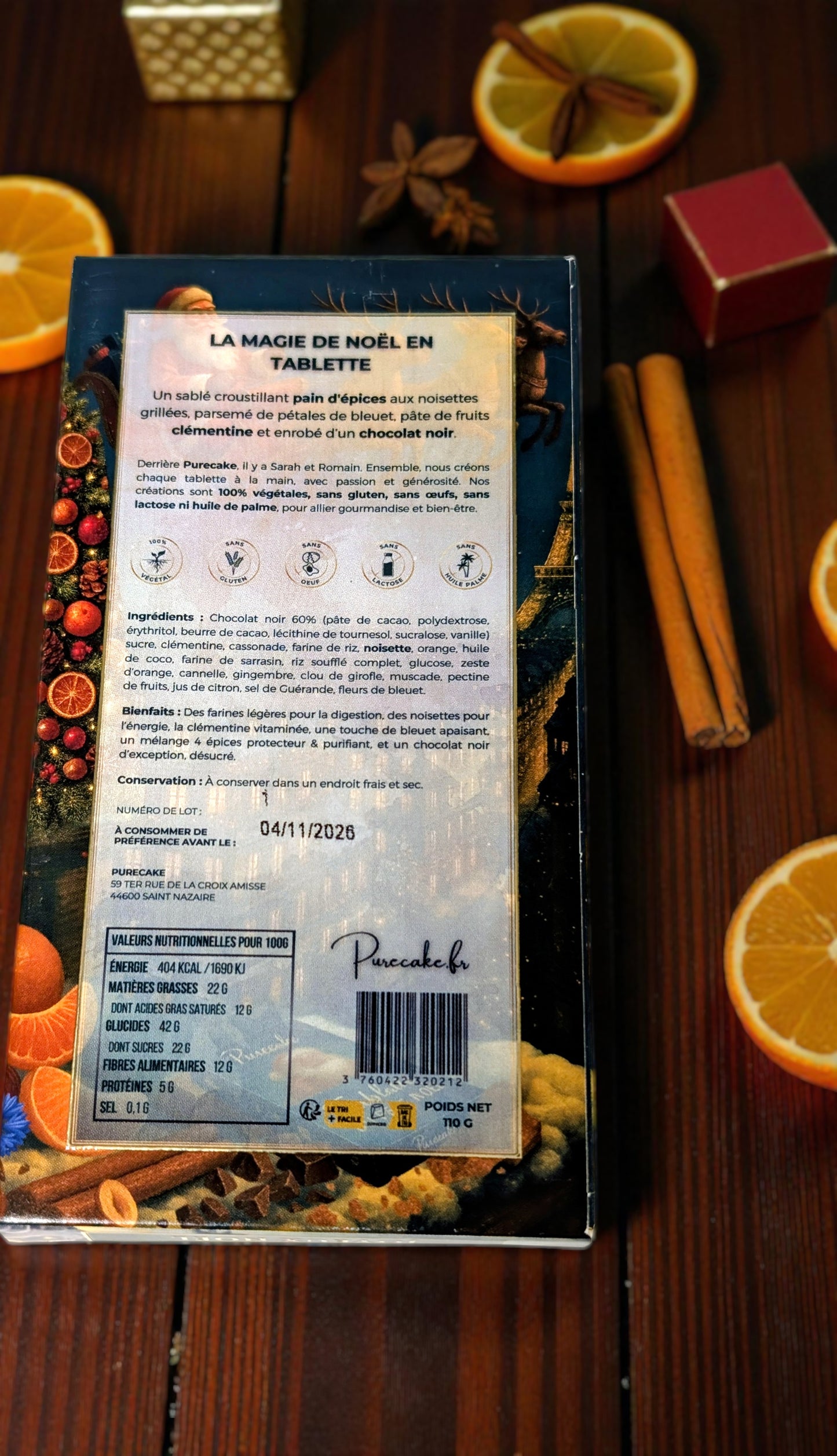 đ
LA TABLETTE DE NOĂL â SablĂ© noisette, Chocolat noir, ClĂ©mentine â 100% vĂ©gĂ©tale & sans gluten đ